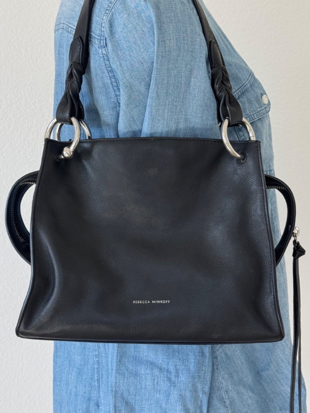 Rebecca Minkoff Black Leather Shoulder Tote with Braided Handles